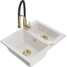 Mexen Carlos granite sink 1.5-bowl with Aster kitchen faucet, white - 6518-20-73450-57-G