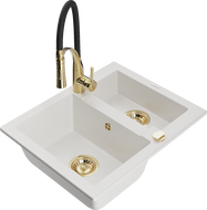 Mexen Carlos granite sink 1.5-bowl with Aster kitchen faucet, white - 6518-20-73450-57-G