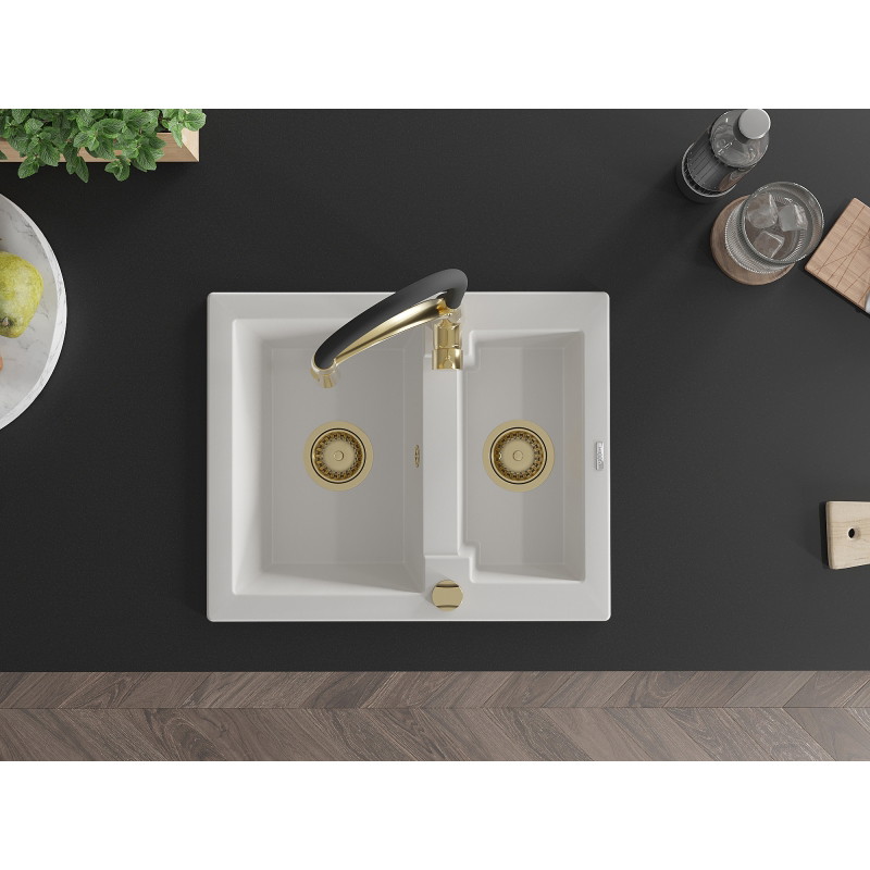 Mexen Carlos granite sink 1.5-bowl with Aster kitchen faucet, white - 6518-20-73450-57-G