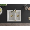 Mexen Carlos granite sink 1.5-bowl with Aster kitchen faucet, white - 6518-20-73450-57-G