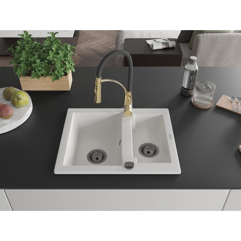 Mexen Carlos granite sink 1.5-bowl with Aster kitchen faucet, white - 6518-20-73450-57-B