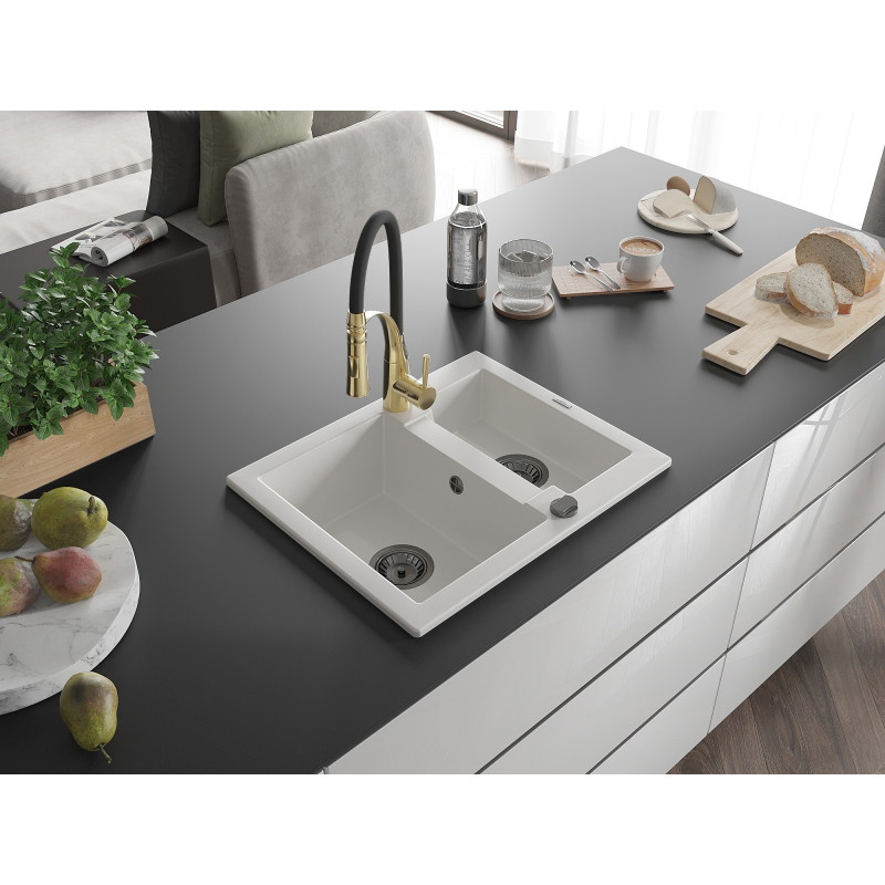 Mexen Carlos granite sink 1.5-bowl with Aster kitchen faucet, white - 6518-20-73450-57-B