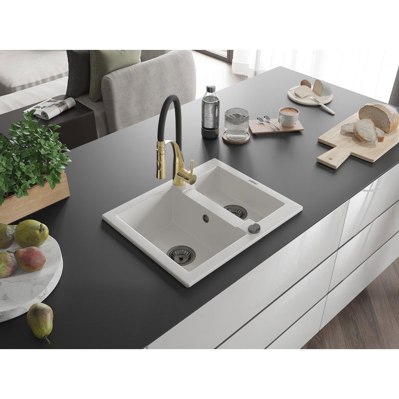 Mexen Carlos granite sink 1.5-bowl with Aster kitchen tap, white - 6518-20-73450-57-B
