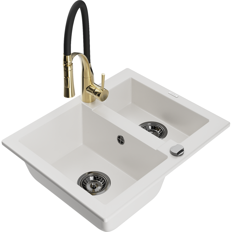 Mexen Carlos 1-compartment granite sink with a kitchen mixer tap Aster, White - 6518-20-73450-57-B