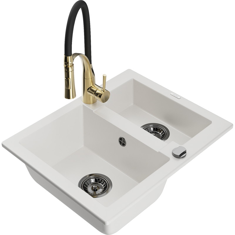 Mexen Carlos granite sink 1.5-bowl with Aster kitchen faucet, white - 6518-20-73450-57-B