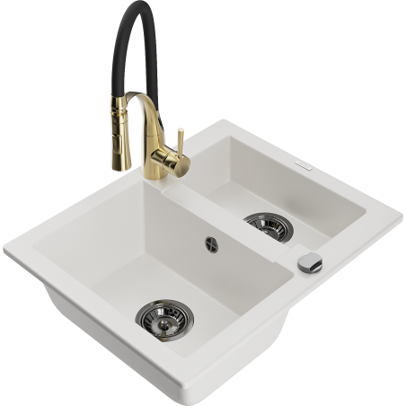 Mexen Carlos granite sink 1.5-bowl with Aster kitchen faucet, white - 6518-20-73450-57-B