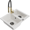 Mexen Carlos granite sink 1.5-bowl with Aster kitchen faucet, white - 6518-20-73450-57-B