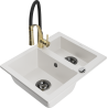 Mexen Carlos granite sink 1.5-bowl with Aster kitchen tap, white - 6518-20-73450-57-B