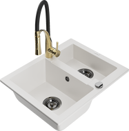 Mexen Carlos granite sink 1.5-bowl with Aster kitchen tap, white - 6518-20-73450-57-B