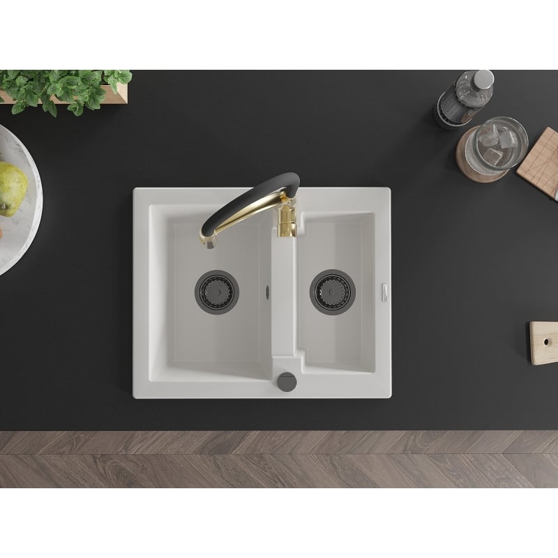 Mexen Carlos granite sink 1.5-bowl with Aster kitchen faucet, white - 6518-20-73450-57-B