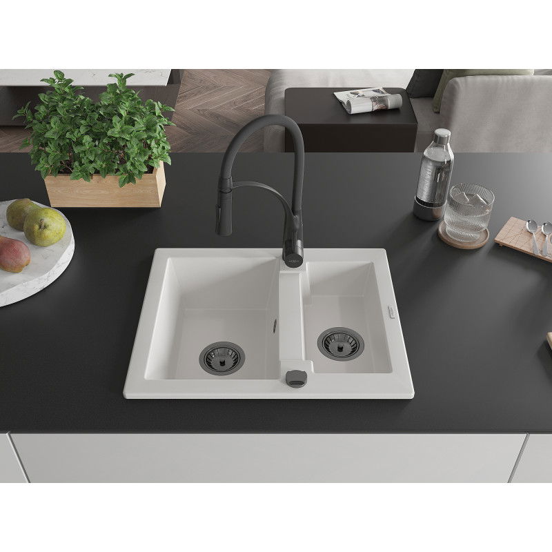 Mexen Carlos granite sink 1.5-bowl with Aster kitchen tap, white - 6518-20-73450-70-B