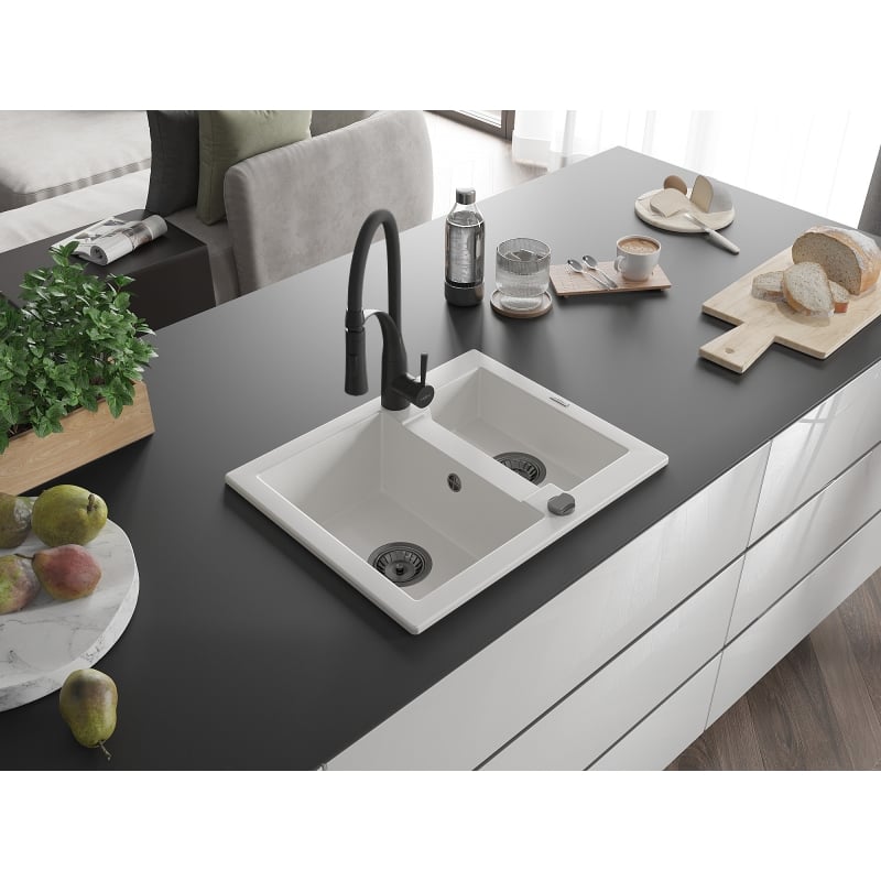 Mexen Carlos 1.5-Bowl Granite Sink with Aster Kitchen Faucet, White - 6518-20-73450-70-B