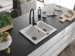 Mexen Carlos granite sink 1.5-bowl with Aster kitchen faucet, white - 6518-20-73450-70-B