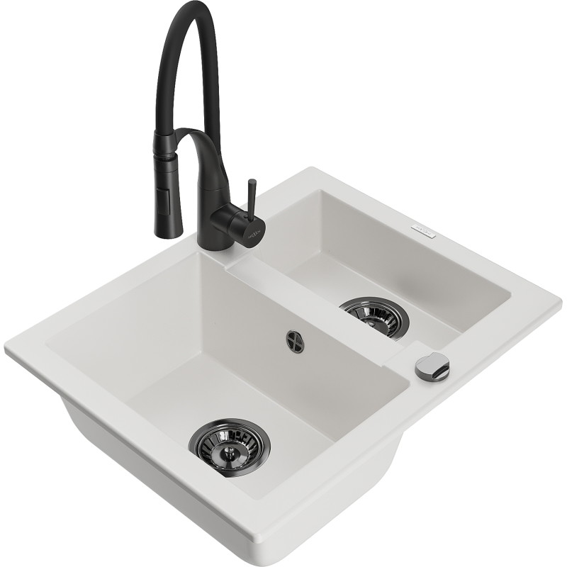 Mexen Carlos granite sink 1.5-bowl with Aster kitchen faucet, white - 6518-20-73450-70-B