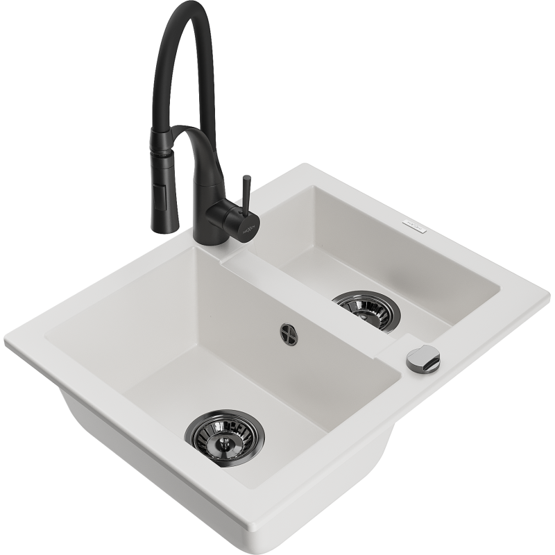 Mexen Carlos granite sink 1.5-bowl with Aster kitchen tap, white - 6518-20-73450-70-B