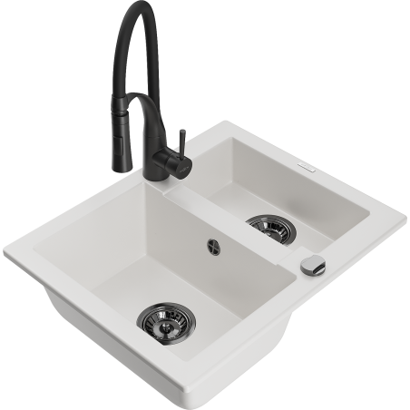 Mexen Carlos 1.5-Bowl Granite Sink with Aster Kitchen Faucet, White - 6518-20-73450-70-B