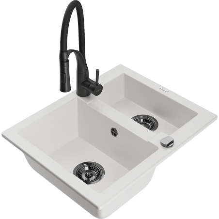 Mexen Carlos granite sink 1.5-bowl with Aster kitchen faucet, white - 6518-20-73450-70-B