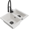 Mexen Carlos granite sink 1.5-bowl with Aster kitchen tap, white - 6518-20-73450-70-B