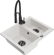Mexen Carlos granite sink 1.5-bowl with Aster kitchen tap, white - 6518-20-73450-70-B