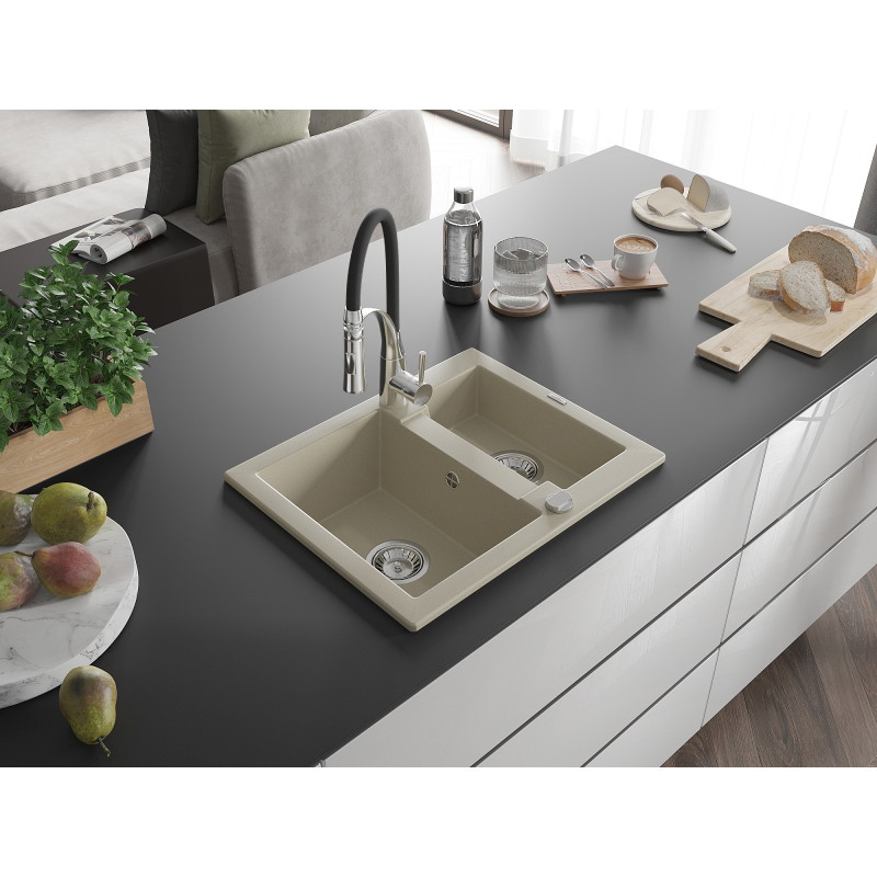 Mexen Carlos 1.5-bowl granite sink with Aster kitchen faucet, beige - 6518-69-73450-07