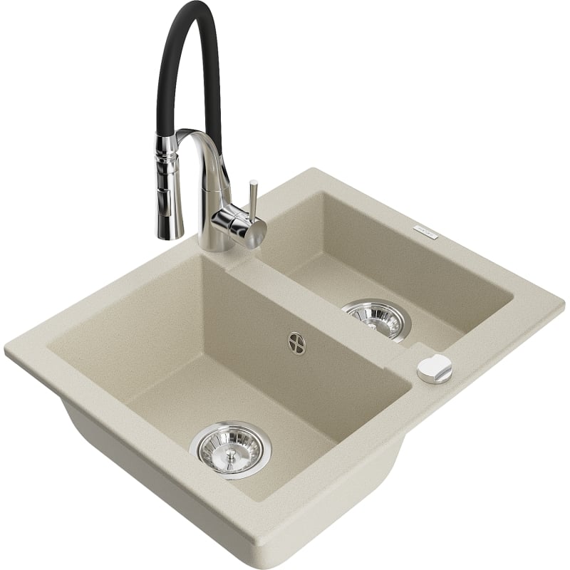 Mexen Carlos 1.5-bowl granite sink with Aster kitchen faucet, beige - 6518-69-73450-07