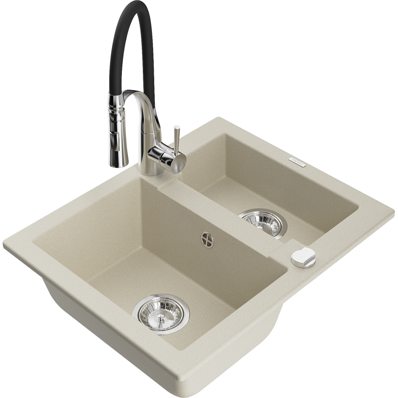 Mexen Carlos granite sink 1.5-bowl with Aster kitchen tap, beige - 6518-69-73450-07
