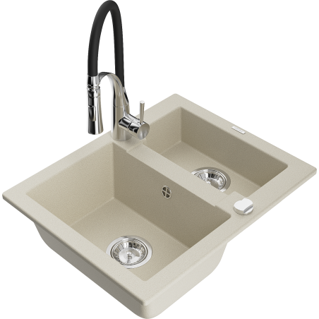 Mexen Carlos granite sink 1.5-bowl with Aster kitchen tap, beige - 6518-69-73450-07