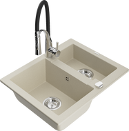 Mexen Carlos granite sink 1.5-bowl with Aster kitchen tap, beige - 6518-69-73450-07