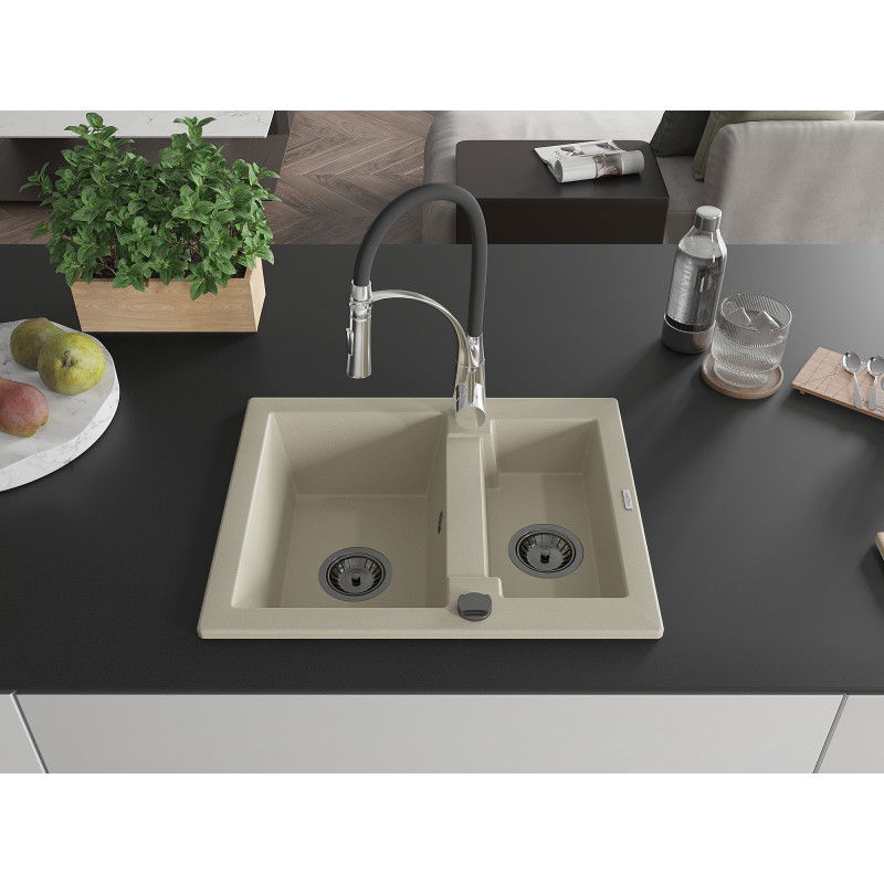 Mexen Carlos 1.5-bowl granite sink with Aster kitchen tap, beige - 6518-69-73450-07-B