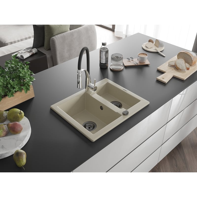 Mexen Carlos 1.5-bowl granite sink with Aster kitchen faucet, beige - 6518-69-73450-07-B