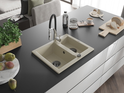 Mexen Carlos 1.5-bowl granite sink with Aster kitchen tap, beige - 6518-69-73450-07-B