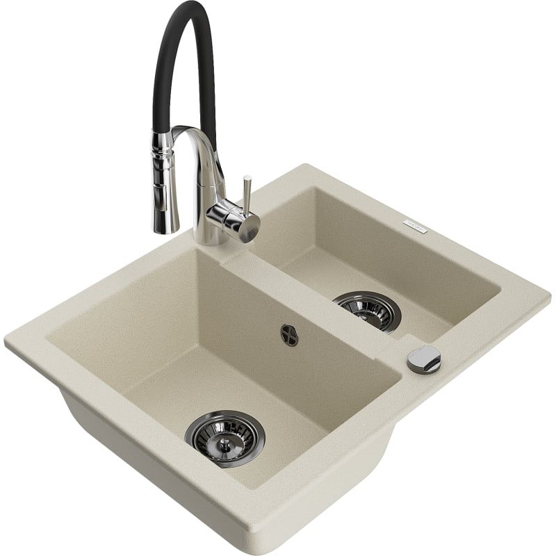 Mexen Carlos 1.5-bowl granite sink with Aster kitchen faucet, beige - 6518-69-73450-07-B