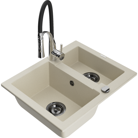Mexen Carlos 1.5-bowl granite sink with Aster kitchen faucet, beige - 6518-69-73450-07-B