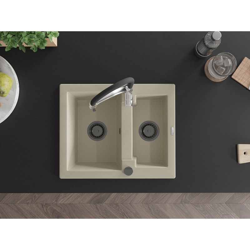 Mexen Carlos 1.5-bowl granite sink with Aster kitchen tap, beige - 6518-69-73450-07-B
