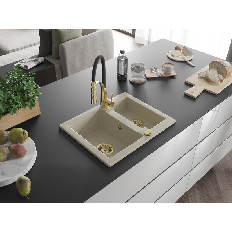 Mexen Carlos 1.5-bowl Granite Kitchen Sink with Aster Faucet, Beige - 6518-69-73450-57-G