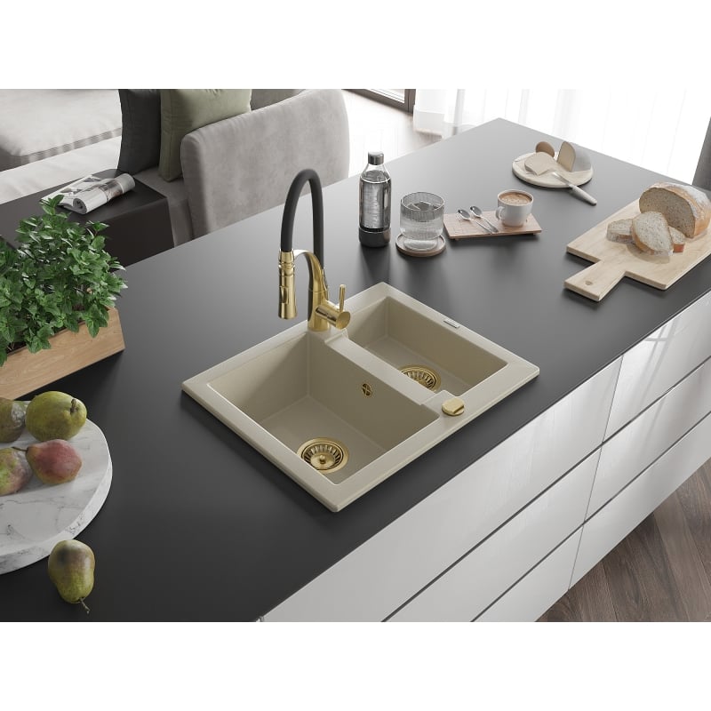 Mexen Carlos granite kitchen sink 1.5-bowl with Aster kitchen faucet, beige - 6518-69-73450-57-G