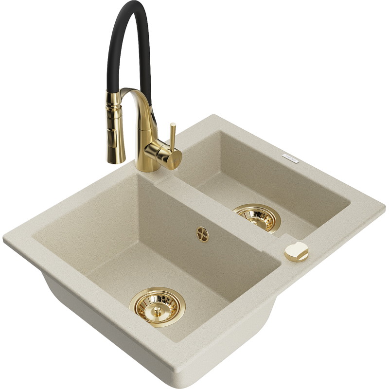 Mexen Carlos 1.5-bowl Granite Kitchen Sink with Aster Faucet, Beige - 6518-69-73450-57-G