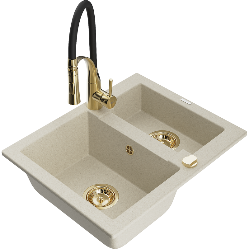 Mexen Carlos granite kitchen sink 1.5-bowl with Aster kitchen tap, beige - 6518-69-73450-57-G