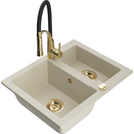 Mexen Carlos granite kitchen sink 1.5-bowl with Aster kitchen tap, beige - 6518-69-73450-57-G