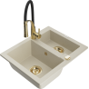 Mexen Carlos granite kitchen sink 1.5-bowl with Aster kitchen faucet, beige - 6518-69-73450-57-G