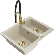 Mexen Carlos 1.5-bowl Granite Kitchen Sink with Aster Faucet, Beige - 6518-69-73450-57-G