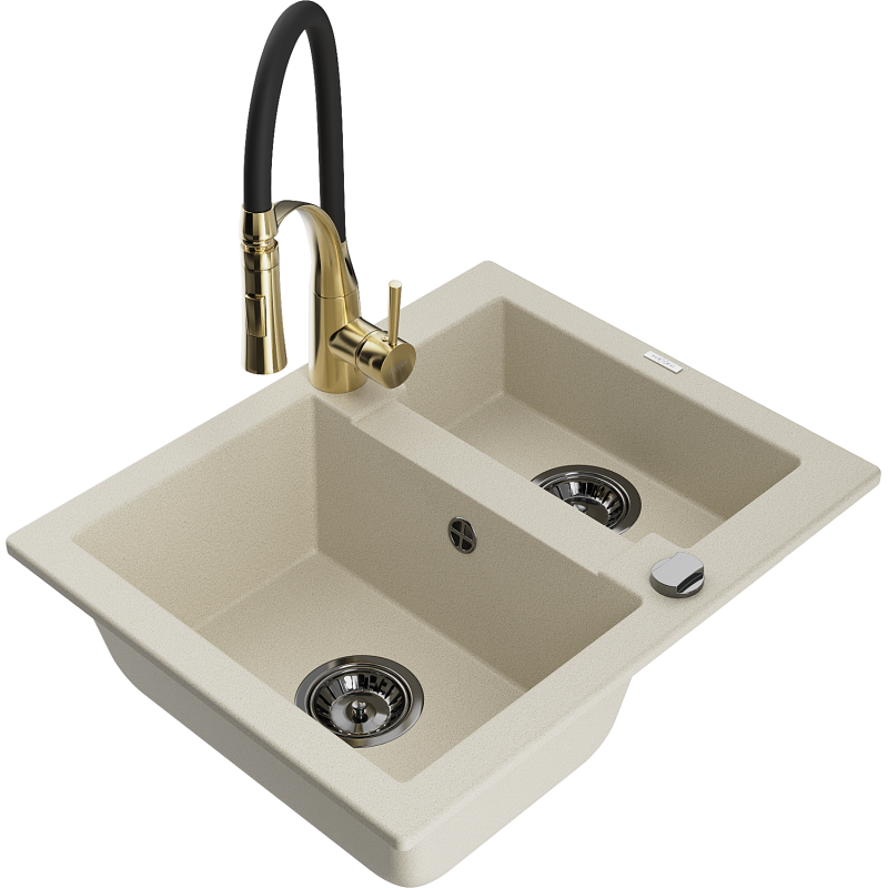 Mexen Carlos 1-compartment granite sink with a kitchen mixer tap Aster, Beige - 6518-69-73450-57-B