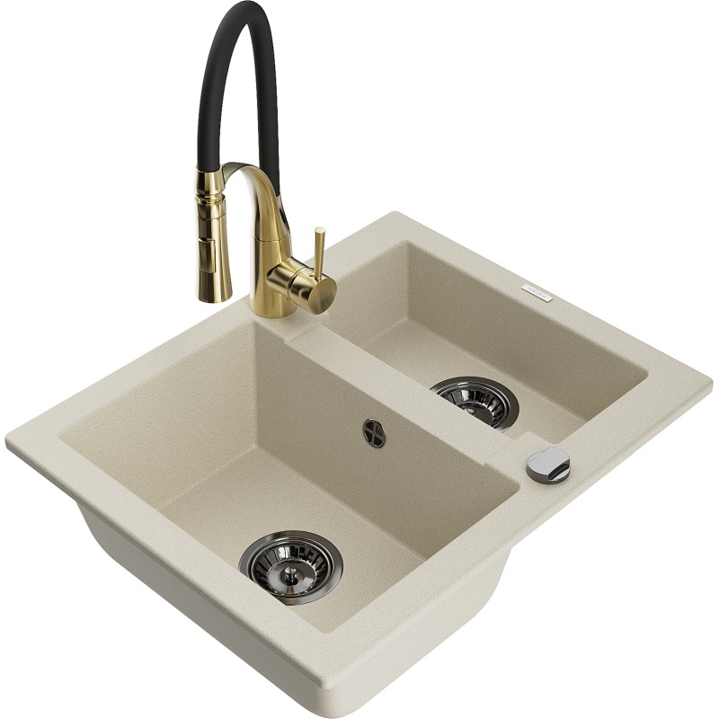 Mexen Carlos 1.5-bowl granite sink with Aster kitchen faucet, beige - 6518-69-73450-57-B