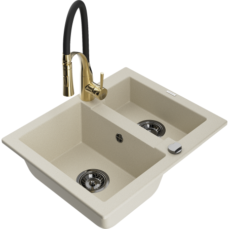 Mexen Carlos 1.5-bowl granite sink with Aster kitchen faucet, beige - 6518-69-73450-57-B