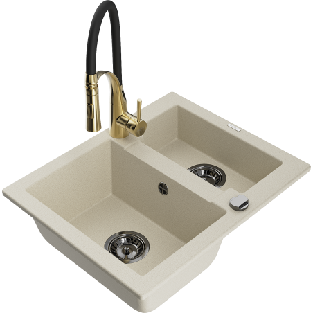 Mexen Carlos 1.5-bowl granite sink with Aster kitchen tap, beige - 6518-69-73450-57-B