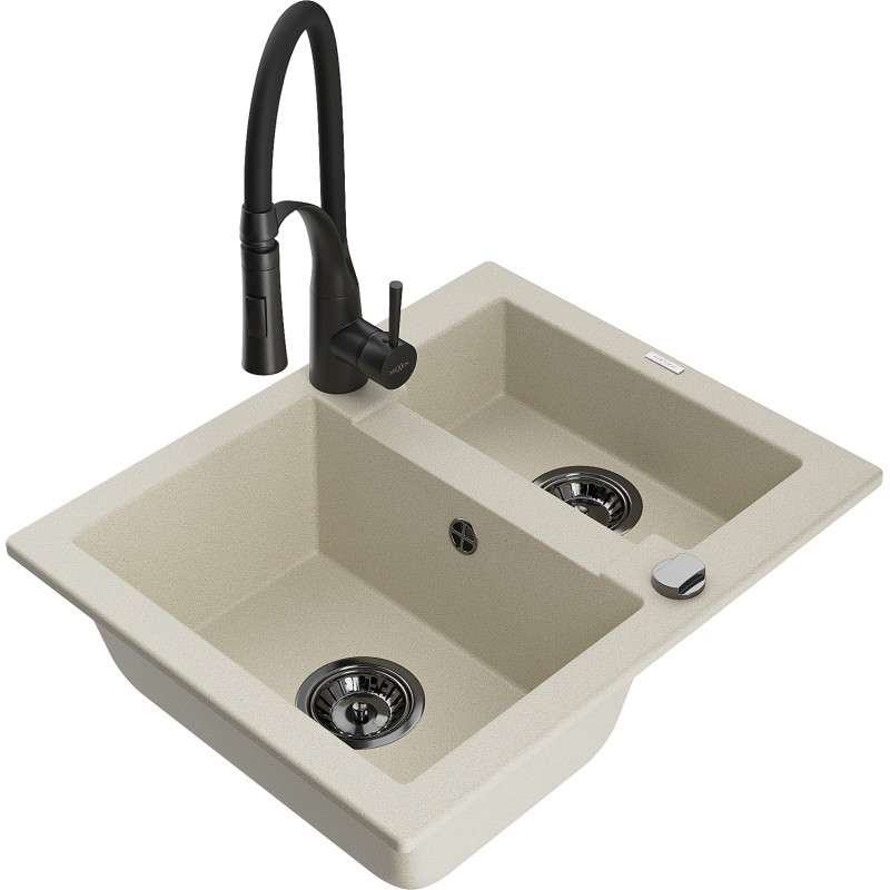 Mexen Carlos granite sink 1.5-bowl with Aster kitchen faucet, beige - 6518-69-73450-70-B