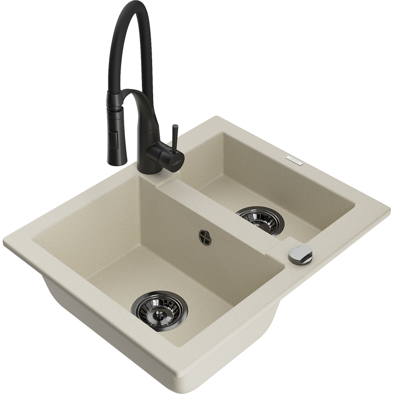 Mexen Carlos granite sink 1.5-bowl with Aster kitchen tap, beige - 6518-69-73450-70-B