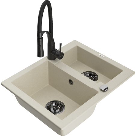 Mexen Carlos 1.5-bowl granite sink with Aster kitchen faucet, beige - 6518-69-73450-70-B