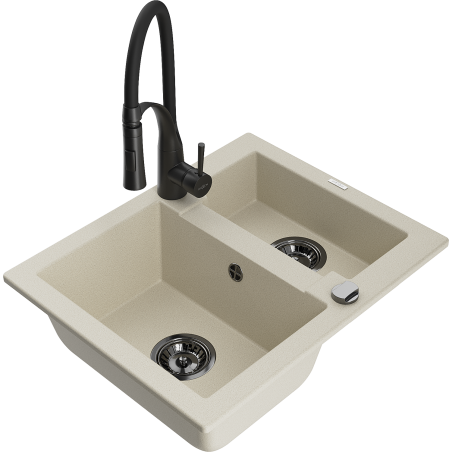 Mexen Carlos granite sink 1.5-bowl with Aster kitchen tap, beige - 6518-69-73450-70-B