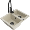 Mexen Carlos granite sink 1.5-bowl with Aster kitchen faucet, beige - 6518-69-73450-70-B